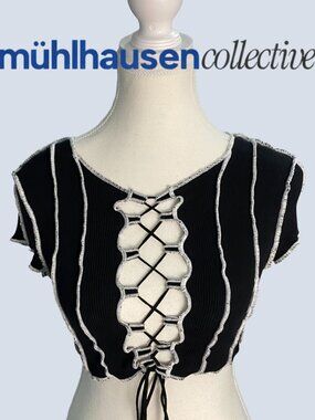 H&M Y2K Lace Up Ribbed Crop Top Black Contrast Stitch Size S